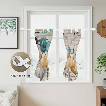 Watercolor Flowers Bedroom Curtains 63 Inch Length, Window Curtains Tab Top, Vintage Tulips Floral Barn Doors Wood Grain Light Filtering Window Treatments Drapes 42"x63" 2 Panel