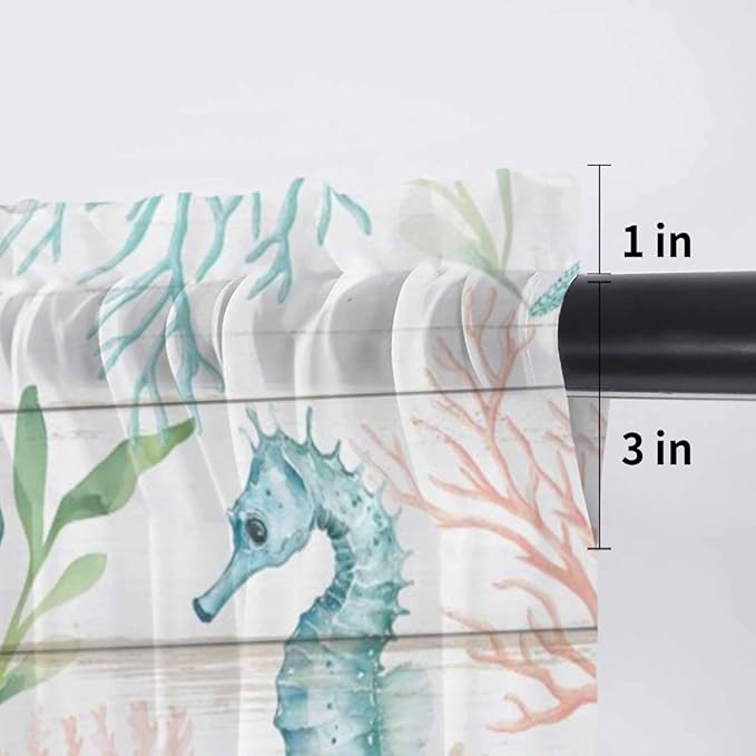 Teal Seahorse Starfish Sheer Valance Curtains, Summer Beach Coral Shell Board Light Filtering Kitchen Valances Rod Pocket Voile Curtain Window Treatment for Bedroom/Living Room/Basement 42Wx18L