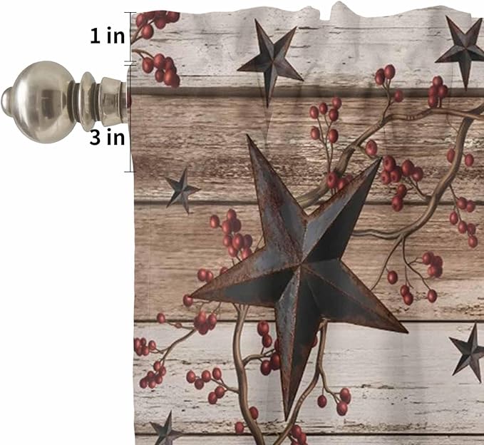 Kitchen Curtains Tiers and Valance Set of 3, Rustic Star Brown Light Filtering Window Curtain Set, Vintage Plants Berry Wooden Grain Rod Pocket Curtain Drapes for Cafe, Living Room, 36 Inches Tiers