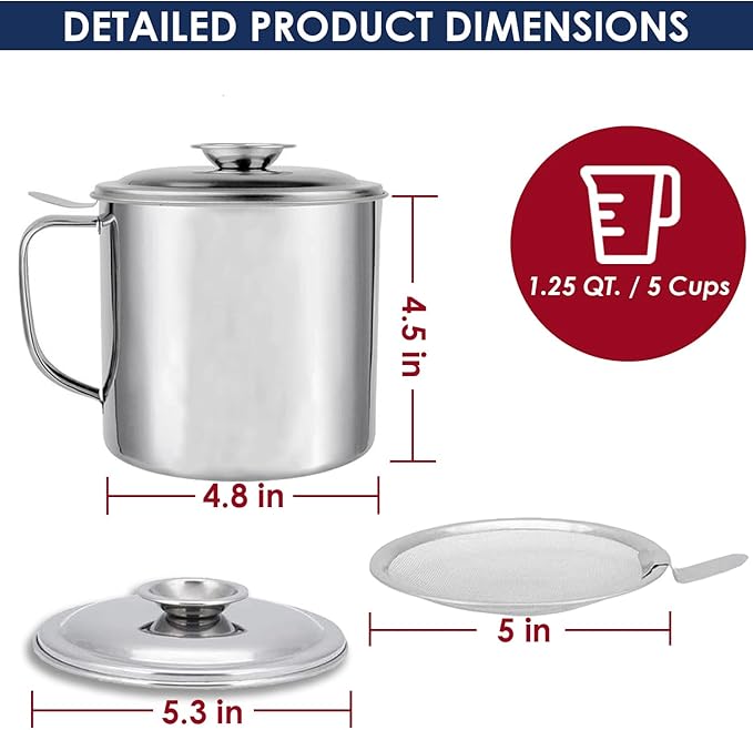 Bacon Grease Container with Strainer, Stainless Steel Oil Storage Can Container with Fine Mesh Strainer Fat Container Pot with Filter Screen, 1.25 QT / 5 Cups Grease Keeper Cooking Oil Keeper
