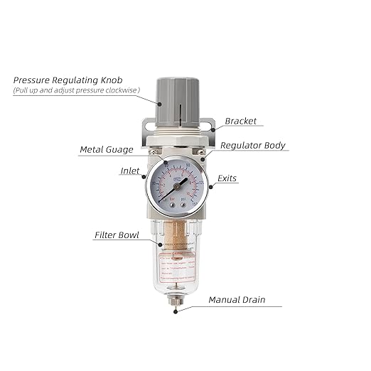 Pneumatic Air Compressor Filter Regulator Combo 1/4" NPT 150 PSI w/Adjustable Gauge-Water Separator,Metal Bracket,Manual Drain,5 Micron Brass Cartridge