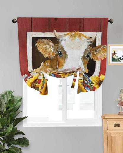 Tie Up Curtains for Windows, Cows Sunflowers Adjustable Balloon Nature Linen Textured Kitchen Curtain, Spring Floral Bees Farmhouse Barn Privacy Curtains Balloon Blind for Cafe, 42 x 63 Inches