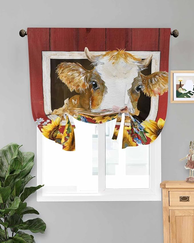 Tie Up Curtains for Windows, Cows Sunflowers Adjustable Balloon Nature Linen Textured Kitchen Curtain, Spring Floral Bees Farmhouse Barn Tie Up Blackout Curtains for Bedroom, 52 x 63 Inches