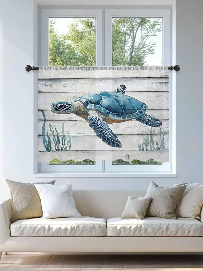 Sheer Curtains 54 Inch Length, Sea Turtle Blue Semi Sheer Curtains Light Filtering Window Treatment, Coastal Ocean Seaweed Wood Grain Privacy Voile Drapes for Living Room Bedroom 52x54 Inch