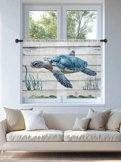 Sheer Curtains 45 Inch Length, Sea Turtle Blue Semi Sheer Curtains Light Filtering Window Treatment, Coastal Ocean Seaweed Wood Grain Privacy Voile Drapes for Living Room Bedroom 52x45 Inch