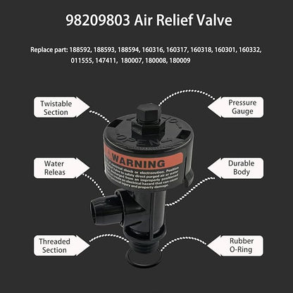 98209800 98209803 Manual Air Relief Valve with Pressure Gauge for Swimming Pool and Spa Filter High Flow Manual Relief Valve (No Pressure Gauge)