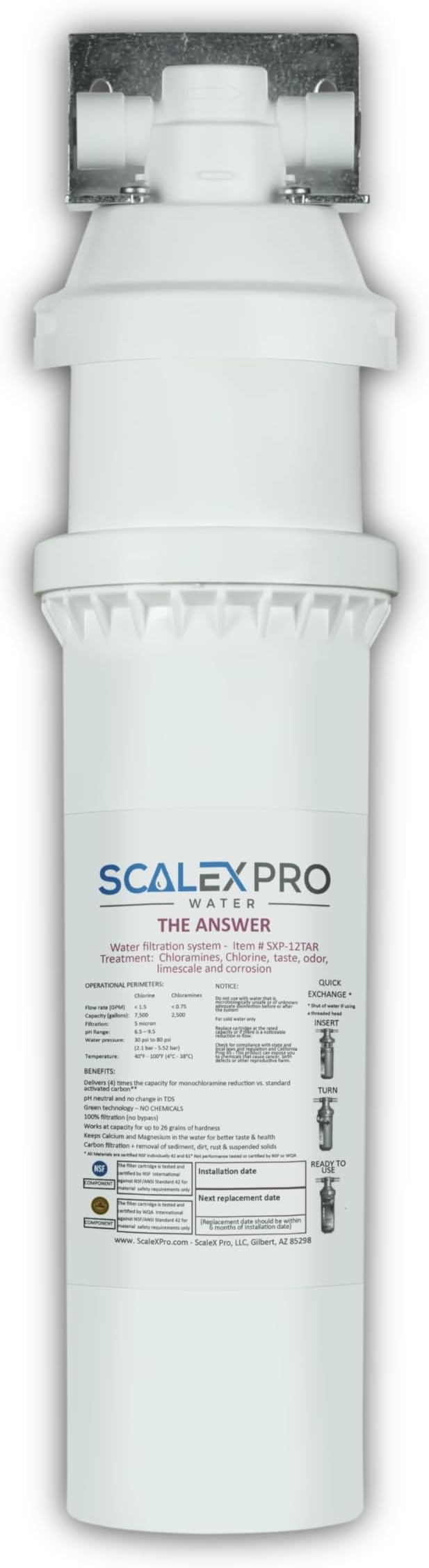 The Answer - 12in Quick Change 3/8in Auto Shut Off Head and Water Filter Combo Kit, High Capacity (up to 7500 gals) Prevents Limescale; Chlorine, Chloramines, Odors (SXP-12TARC)