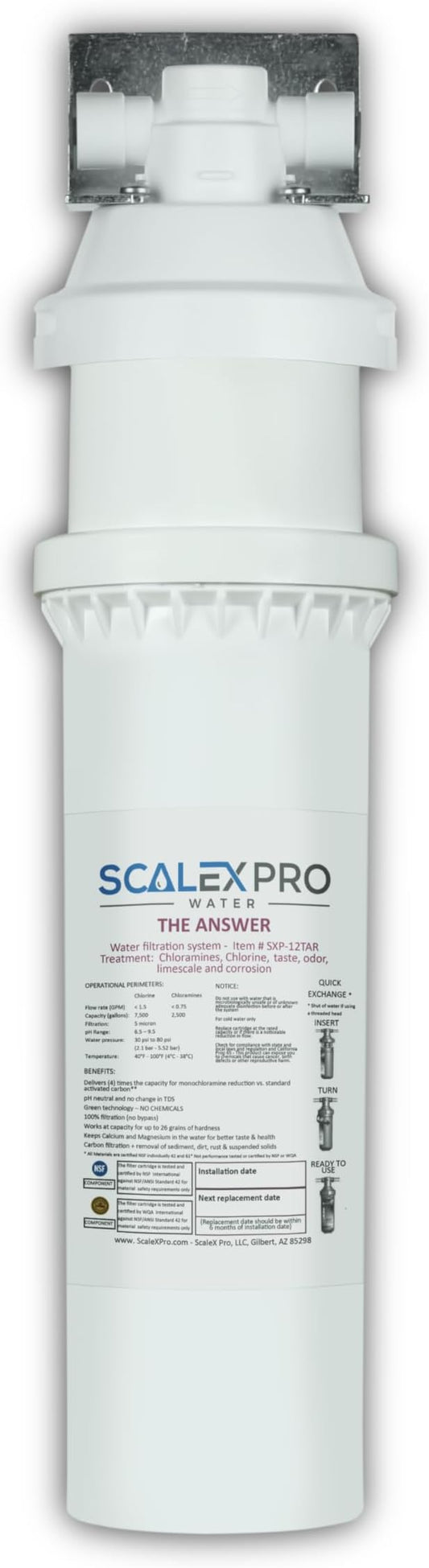 The Answer - 12in Quick Change 3/8in Auto Shut Off Head and Water Filter Combo Kit, High Capacity (up to 7500 gals) Prevents Limescale; Chlorine, Chloramines, Odors (SXP-12TARC)
