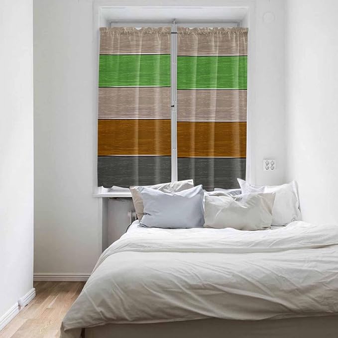 Farm Gray Green Brown Wood Grain Window Valance Curtains, Rustic Wooden Plank Light Filtering Kitchen Valance with 3-inch Rod Pocket for Living Room Bathroom Bedroom,2 Panel,42x63In