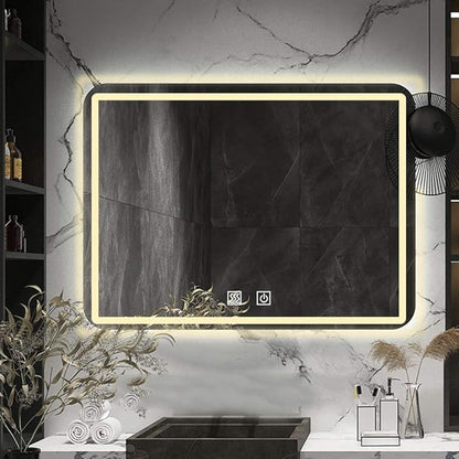 Rectangle Bathroom Mirror with Lights Touch Control Switch Demister Pad,3 Color Lighting Modes