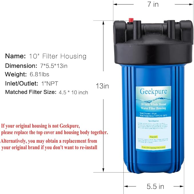 Geekpure 10-Inch Whole House Water Filter Housing 4.5"x10"1-Inch Outlet/Inlet with Wrench and Bracket-Blue Color -Pack of 2