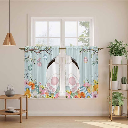 Easter Bunny Kitchen Curtains 54 Inch Long 2 Panel Set,Rod Pocket Window Curtains Panels,Easter Eggs Spring Farmhouse Wood Grain Teal Blue Light Filtering Privacy Draperies for Bedroom 42"W x 54"L