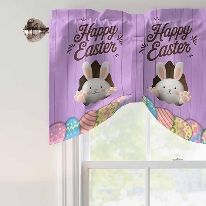 Purple Easter Tie Up Valance Curtains for Windows, Kitchen Curtains Window Shades, Spring Cartoon Bunny Colorful Eggs Wood Grain Light Filtering Curtain Valances for Bedroom/Bathroom/Cafe 54"x18"
