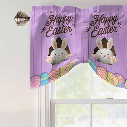 Purple Easter Tie Up Valance Curtains for Windows, Kitchen Curtains Window Shades, Spring Cartoon Bunny Colorful Eggs Wood Grain Light Filtering Curtain Valances for Bedroom/Bathroom/Cafe 54"x18"