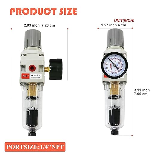 RIH 1/4" NPT Auto Drain Compressed Air Filter Regulator Combo Piggyback, 5 Micron Brass Element, Poly Bowl, Metal Bracket, 0-150 psi Gauge Air Tool Compressor Filter with Gauge (1/4" NPT)