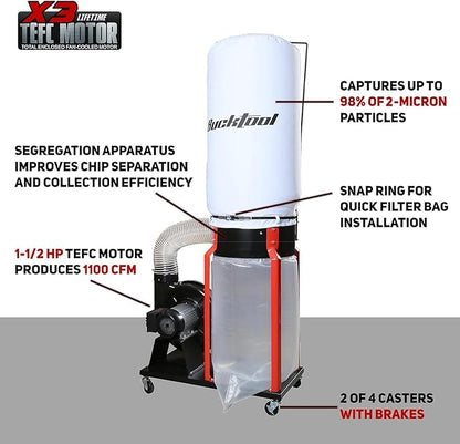 Bucktool 1.5HP Portable Dust Collector, 1100 CFM Workshop Dust Extraction Machine with Mobile Stand