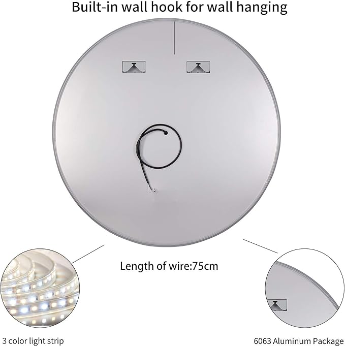 Illuminated Bathroom Mirror 800 x 800 MM Round LED Wall Mounted Vanity Mirror with Touch Sensor and Demister Pad Anti -Fog Makeup Mirror for Home Hotel IP44 Rated