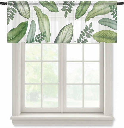 Summer Palm Leaf Sheer Valance Curtains, Green Tropical Plants Nature Leaves Modern Light Filtering Kitchen Valances Rod Pocket Voile Curtain Window Treatment for Bedroom/Living Room/Basement 42Wx12L
