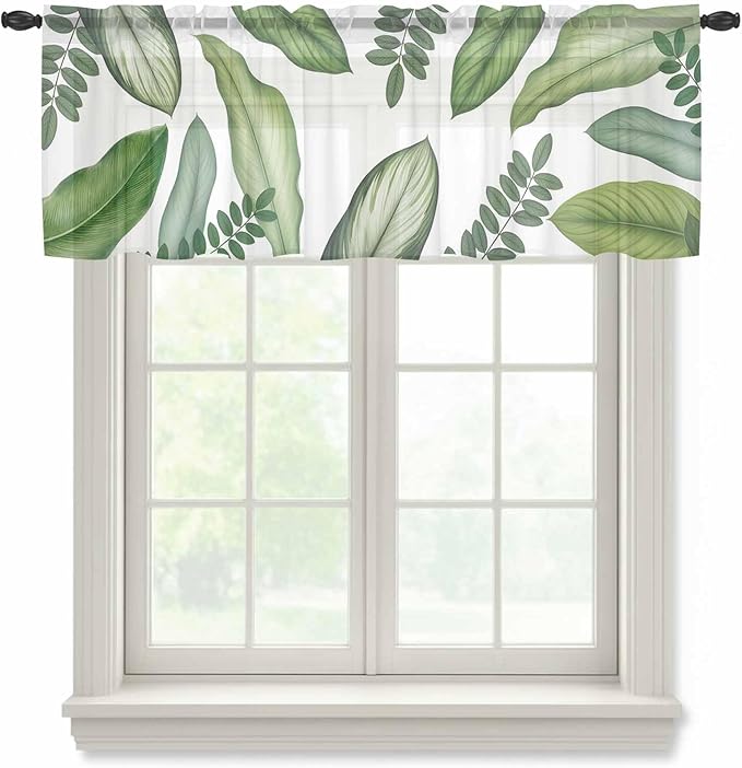 Summer Palm Leaf Sheer Valance Curtains, Green Tropical Plants Nature Leaves Modern Light Filtering Kitchen Valances Rod Pocket Voile Curtain Window Treatment for Bedroom/Living Room/Basement 60Wx18L