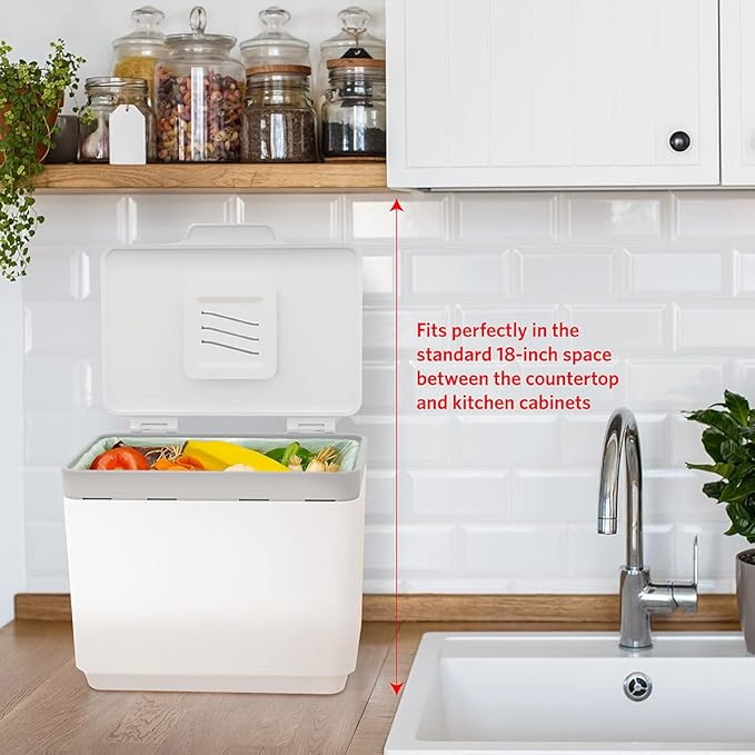 Glad Compost Bin for Kitchen, 1.5 Gallon | Plastic Container with Removable Inner Basket, Bag Storage Holder, and Carbon Odor Blocking Filters, White