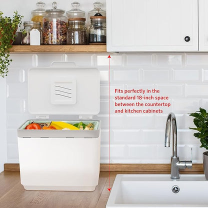 Glad Compost Bin for Kitchen, 1.5 Gallon | Plastic Container with Removable Inner Basket, Bag Storage Holder, and Carbon Odor Blocking Filters, White