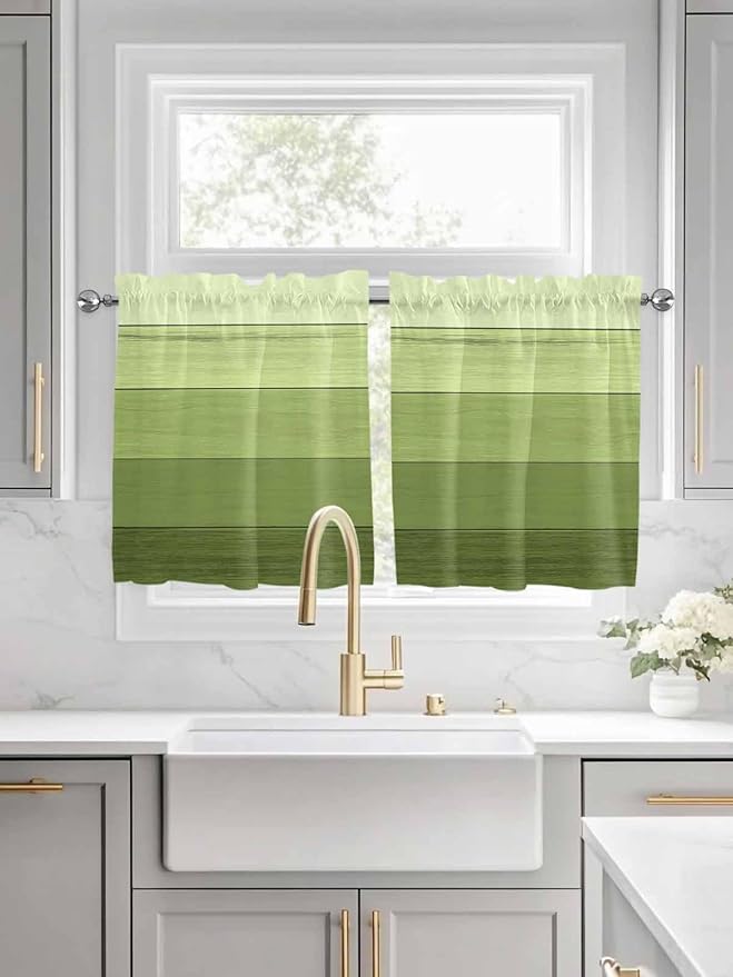 Gradient Green Wooden Board Window Valance Curtains, Retro Country Wood Grain Light Filtering Kitchen Valance with 3-inch Rod Pocket for Living Room Bathroom Bedroom,2 Panel,27.5x36In