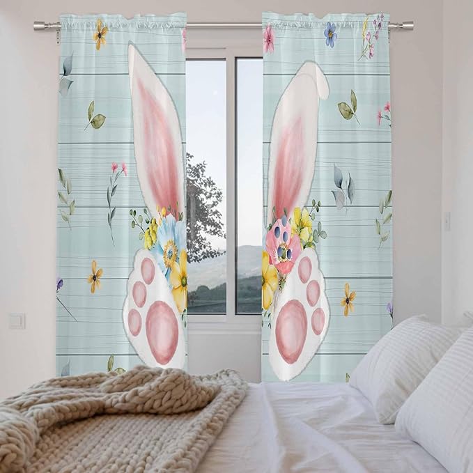 Easter Window Curtains 72 Inch Long 2 Panel Set, Rod Pocket Long Curtains & Drapes, Spring Rabbits Ears Feet Flowers Wooden Grain Light Filtering Window Treatment for Bedroom Living Room 52"W x 72"L