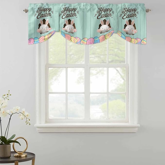 Green Easter Tie Up Valance Curtains for Windows, Kitchen Curtains Window Shades, Spring Cartoon Bunny Colorful Eggs Wood Grain Light Filtering Roman Curtain Valances for Bedroom/Bathroom/Cafe 60"x18"