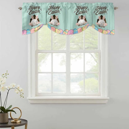 Green Easter Tie Up Valance Curtains for Windows, Kitchen Curtains Window Shades, Spring Cartoon Bunny Colorful Eggs Wood Grain Light Filtering Roman Curtain Valances for Bedroom/Bathroom/Cafe 42"x12"