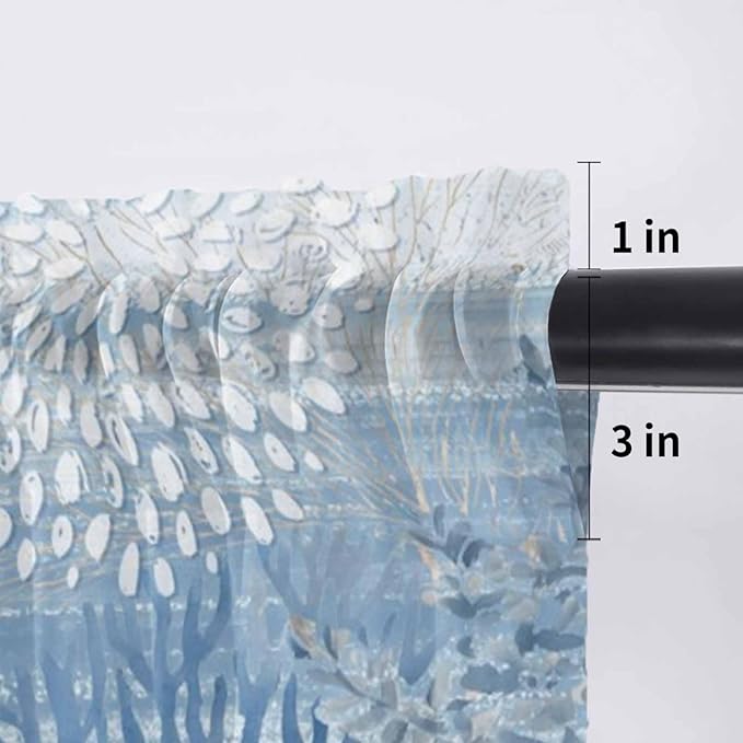 Ocean Corals Sheer Valance Curtains, Summer Beach Coral Sea Stars Blue Stripes Light Filtering Kitchen Valances Rod Pocket Voile Curtain Window Treatment for Bedroom/Living Room/Basement 60Wx18L