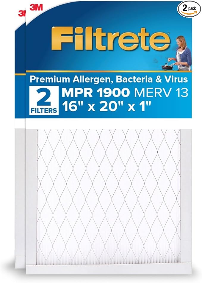 Filtrete 16x20x1 AC Furnace Air Filter, MERV 13, MPR 1900, Premium Allergen, Bacteria&Virus Filter, 3-Month Pleated 1-Inch Electrostatic Air Cleaning Filter, 2-Pack (Actual Size 15.719x19.719x0.78 in)