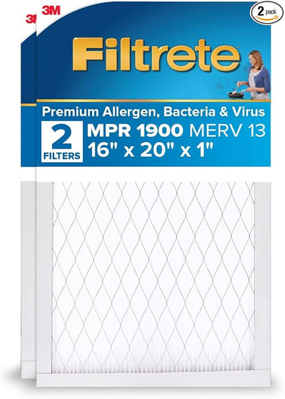 Filtrete 16x20x1 AC Furnace Air Filter, MERV 13, MPR 1900, Premium Allergen, Bacteria&Virus Filter, 3-Month Pleated 1-Inch Electrostatic Air Cleaning Filter, 2-Pack (Actual Size 15.719x19.719x0.78 in)