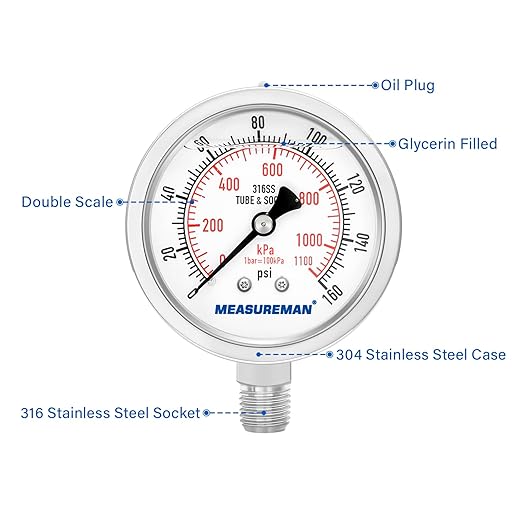 MEASUREMAN Fully Stainless Steel Hydraulic Glycerin Filled Pressure Gauge, 2-1/2" Dial Size,0-160psi/kpa,1/4" NPT Lower Mount