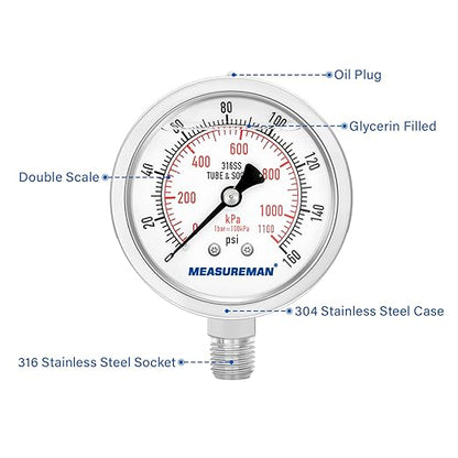MEASUREMAN Fully Stainless Steel Hydraulic Glycerin Filled Pressure Gauge, 2-1/2" Dial Size,0-160psi/kpa,1/4" NPT Lower Mount