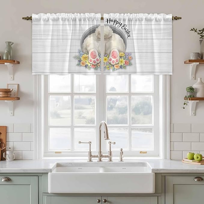 Easter Bunny Kitchen Tier Curtains 36 Inch Long 2 Panel Set,Rod Pocket Half Window Curtains Over Sink,3D Optical Illusion Farmhouse Flower Wood Grain Light Filtering Short Drapes Cafe 27.5"W x 36"L