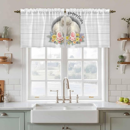 Easter Bunny Kitchen Tier Curtains 36 Inch Long 2 Panel Set,Rod Pocket Half Window Curtains Over Sink,3D Optical Illusion Farmhouse Flower Wood Grain Light Filtering Short Drapes Cafe 27.5"W x 36"L