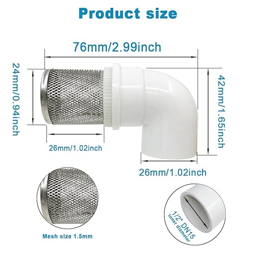 DN15 inch stainless steel filter cover connected to 90 degree elbow 1/2" PVC DN15 water pipe, suction hose strainer used to remove debris and reduce solid entry（1pcs）