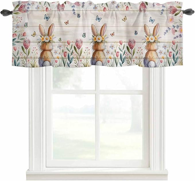 Easter Curtain Valances for Windows, Kitchen Valance Window Treatment, Spring Bunny Butterfly Botanical Wooden Grain Light Filtering Block Curtains for Bathroom/Bedroom/Living Room 54'' x 18''