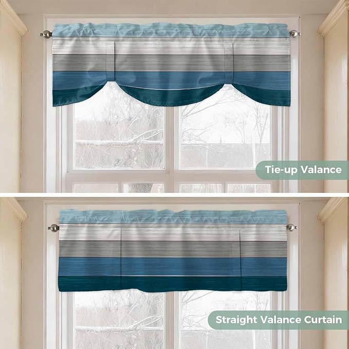 Blue Ombre Wooden Tie Up Valance Curtains for Windows, Kitchen Curtains Window Shades, Farmhouse Retro Wood Gradient Light Filtering Roman Curtain Valances for Bedroom/Bathroom/Cafe 42"x12"