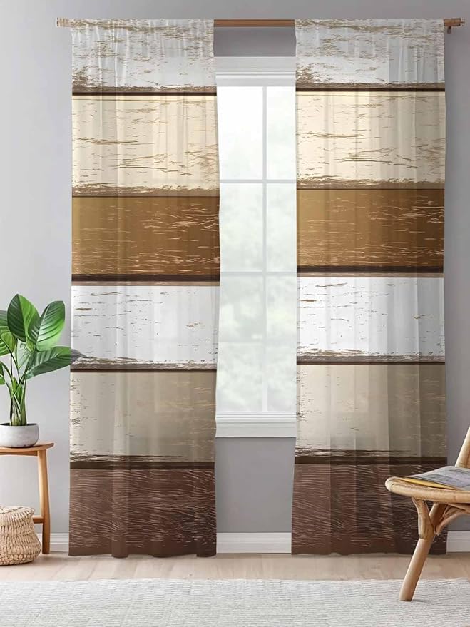 Sheer Curtains 108 Inches Long, Vintage Geometric Brown Semi Sheer Curtains Light Filtering Window Treatment, Farmhouse Country Chic Wood Grain Privacy Voile Drapes for Living Room Bedroom 52x108 Inch