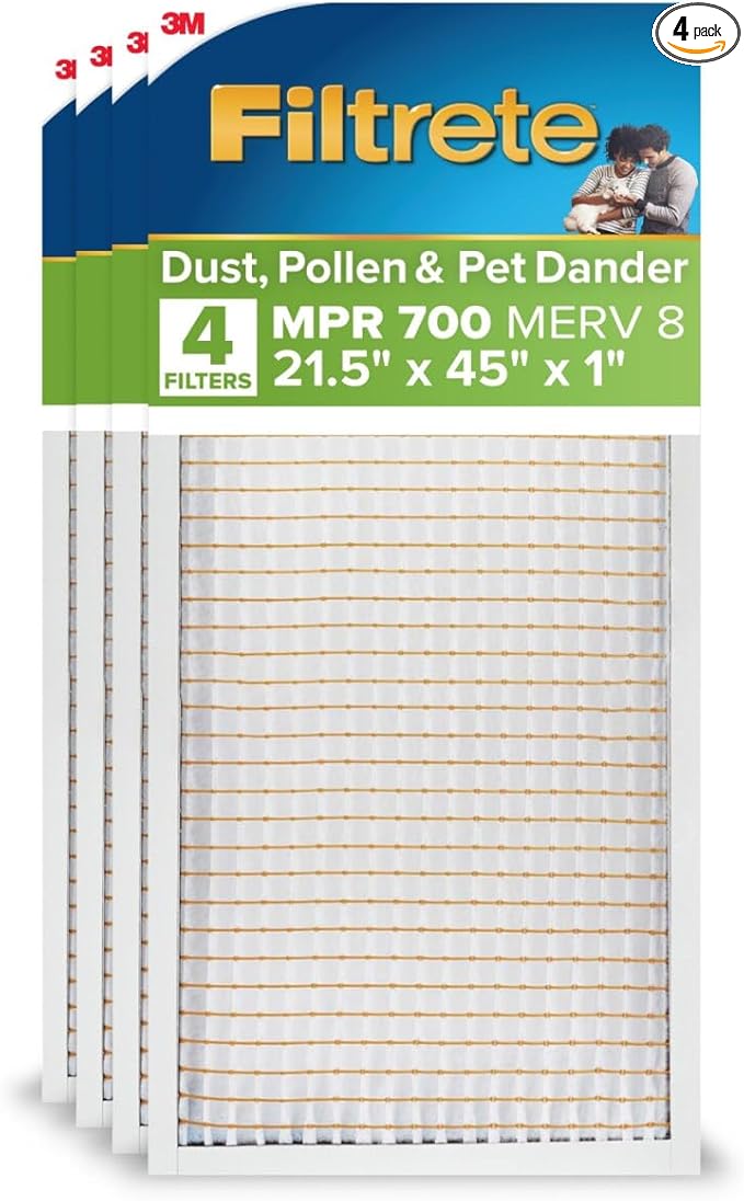 Filtrete 21.5x45x1 AC Furnace Air Filter, MERV 8, MPR 700, Tough on Pollen, Easy on Airflow, 3-Month Pleated 1-Inch Electrostatic Air Cleaning Filter, 4-Pack (Actual Size 21.31 x 44.81 x 0.65 in)