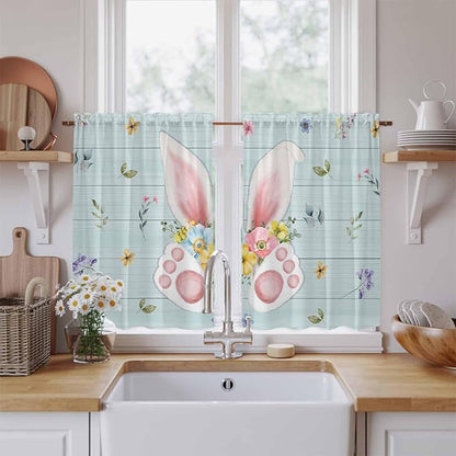 Easter Kitchen Curtains 54 Inch Long 2 Panel Set, Rod Pocket Window Curtains Panels, Spring Rabbits Ears Feet Flowers Wooden Grain Light Filtering Privacy Draperies for Bedroom Laundry 42"W x 54"L