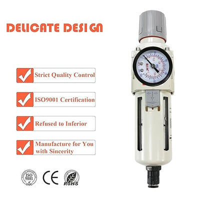 RIH Pneumatics 1/2"NPT Auto Drain Air Filter Pressure Regulator Combo Piggyback, air Pressure Regulator，Water Separator air Compressor(1/2"NPT)