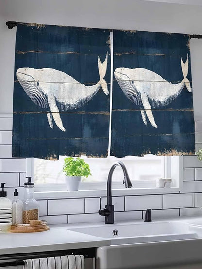 Sheer Curtains 45 Inch Length, Ocean Whale Blue Semi Sheer Curtains Light Filtering Window Treatment, Watercolor Coastal Vintage Wood Grain Privacy Voile Drapes for Living Room Bedroom 52x45 Inch