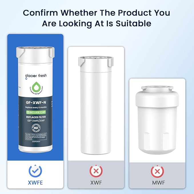 GLACIER FRESH Water Filter Compatible with XWFE (Built-in CHIP), Replacement for GE XWFE, XWF Refrigerator Water Filter NSF/ANSI 42 Certification Pack of 1