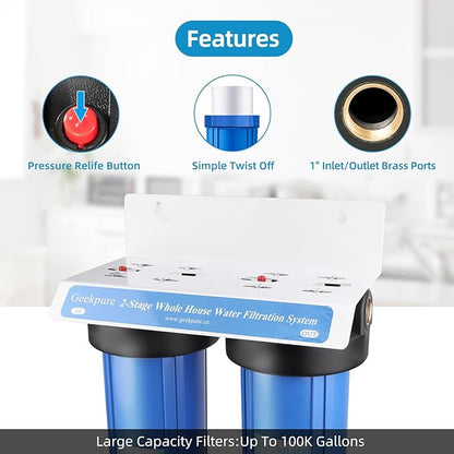 Geekpure 2 Stage Whole House Water Filter System with 10-Inch Blue Housing-1"Port
