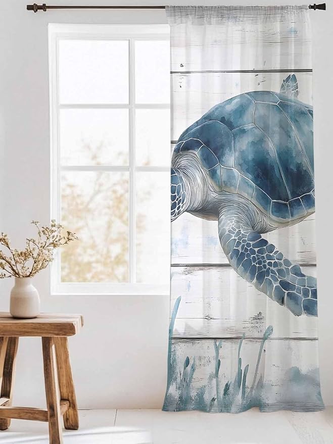 Sheer Curtains 84 Inches Long, Ocean Sea Turtle Semi Sheer Curtains Light Filtering Window Treatment, Coastal Seaweed Vintage Wood Grain Privacy Voile Drapes for Living Room Bedroom 52x84 Inch