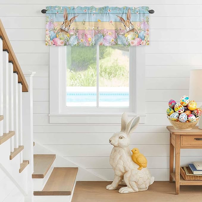 Kitchen Valances for Window, Spring Easter Eggs Rabbit Flower Light Filtering Rod Pocket Valance Curtain, Plant Colorful Wood Grain Short Curtains Window Topper for Bedroom Living Room 42x12in