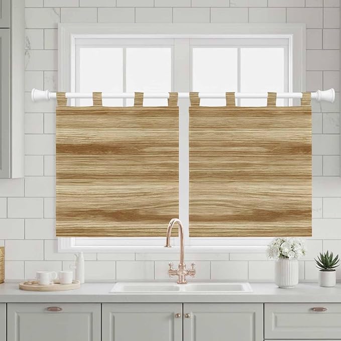 Light Brown Wood Grain Kitchen Curtains 24 Inch Length, Small Window Curtains Tab Top, Western Farmhouse Barn Door Light Filtering Short Window Treatments Tier Drapes 27.5"x24" 2 Panel