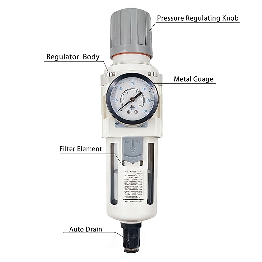 XingNEeng 1/2" NPT Compressed Air Filter Regulator Combo Piggyback, Water/Oil Trap Separator with Pressure Gauge(0-150 psi), Auto Drain, Poly Bowl, 5 Micron Brass Element, Metal Bracket